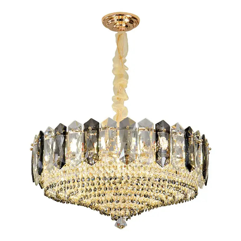 Luxe gold and gray crystal duplex villa chandelier featuring cascading clear and dark prisms with cream chain decorbites crystal duplex
