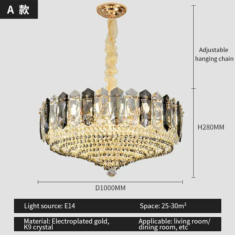 Luxe gold and gray crystal duplex villa chandelier with electroplated gold and cascading k9 crystal prisms decorbites crystal duplex