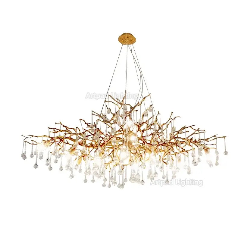 Luxe gold branch crystal led chandelier with clear crystal droplets and bulbs for living room lighting