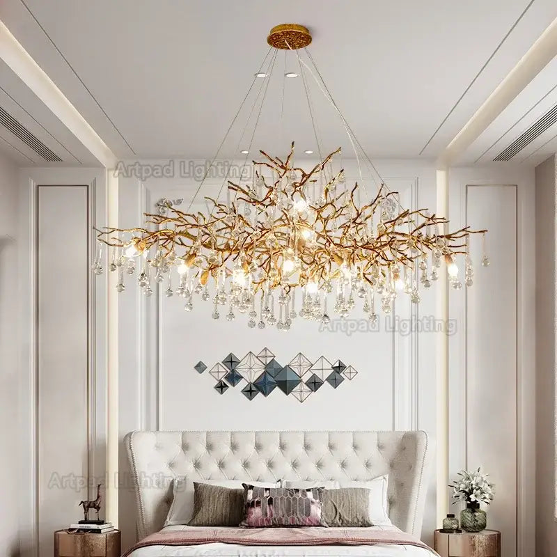 Luxe gold branch crystal led chandelier with dangling crystal droplets for elegant living room lighting