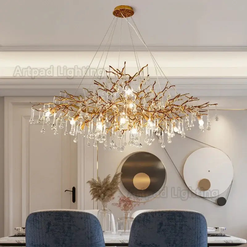 Luxe gold branch crystal led chandelier with dangling crystal droplets for elegant living room lighting