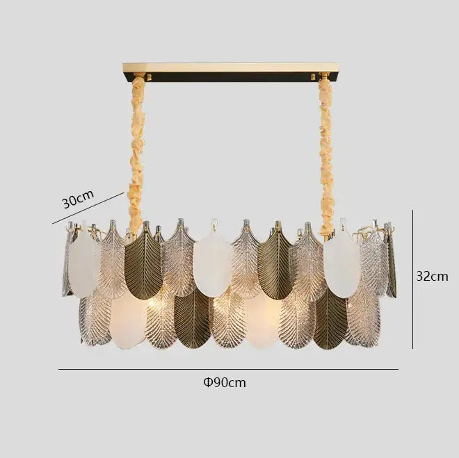 A luxe gold decorbites crystal indoor chandelier with metallic leaf glass panels in bronze silver and frosted white