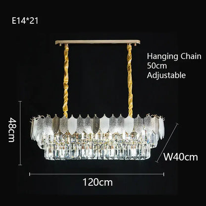 Elegant gold rectangular decorbites crystal indoor chandelier with twisted chains, clear prisms, and frosted glass leaf accents