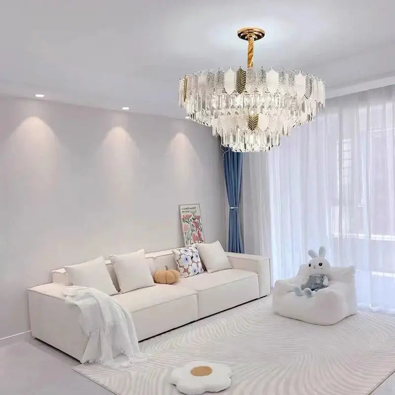 Luxe gold crystal indoor chandelier with gold-toned stem and clear faceted prisms for living room decorbites crystal indoor