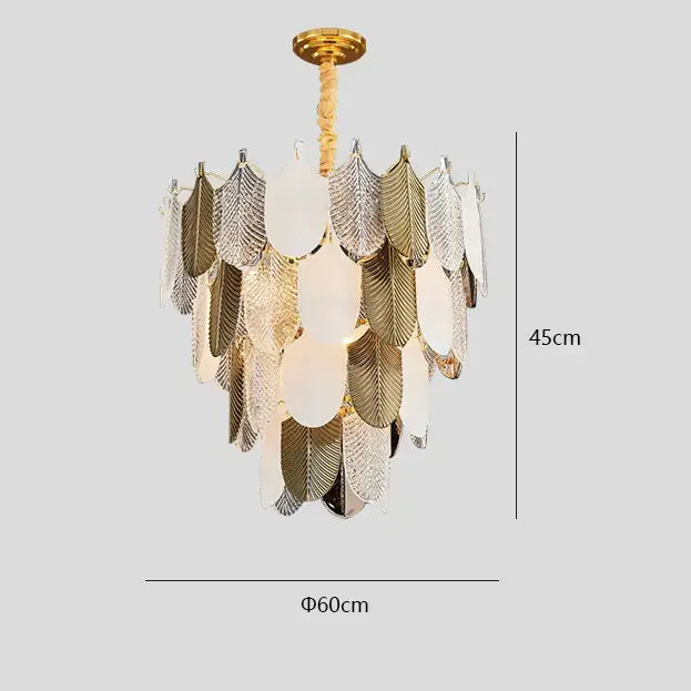 Luxe gold crystal indoor chandelier with gold-toned leaf design and layered translucent metallic glass panels by decorbites crystal