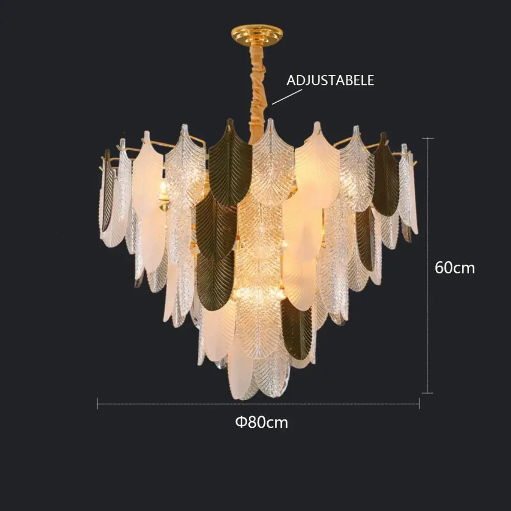 Elegant decorbites crystal indoor chandelier with leaf-shaped frosted white, clear, and dark green glass panels on gold stem