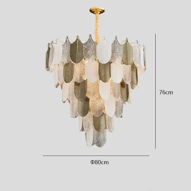 Luxe gold crystal indoor chandelier with cascading leaf-shaped glass panels in gold silver and frosted white by decorbites crystal indoor