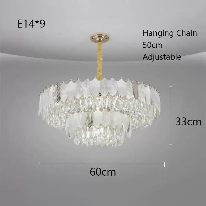 Luxe gold decorbites crystal indoor chandelier with multi-tiered clear crystals and white leaf glass accents for living room decor