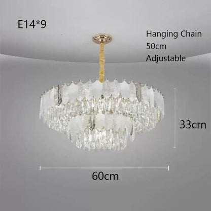 Luxe gold decorbites crystal indoor chandelier with multi-tiered clear crystals and white leaf glass accents for living room decor