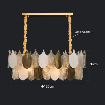 Luxe gold crystal indoor crystal indoor chandelier with leaf-shaped gold-toned frame and frosted clear glass panels