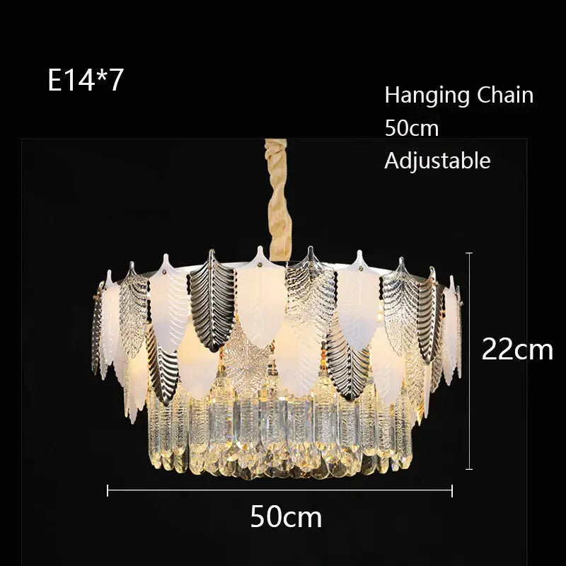 Elegant luxe gold decorbites crystal indoor chandelier with layered clear and frosted leaf glass shades and adjustable chain