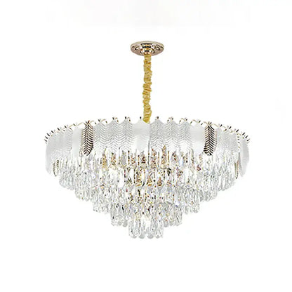 Luxe gold crystal indoor chandelier with gold metal frame and cascading clear prisms by decorbites crystal indoor