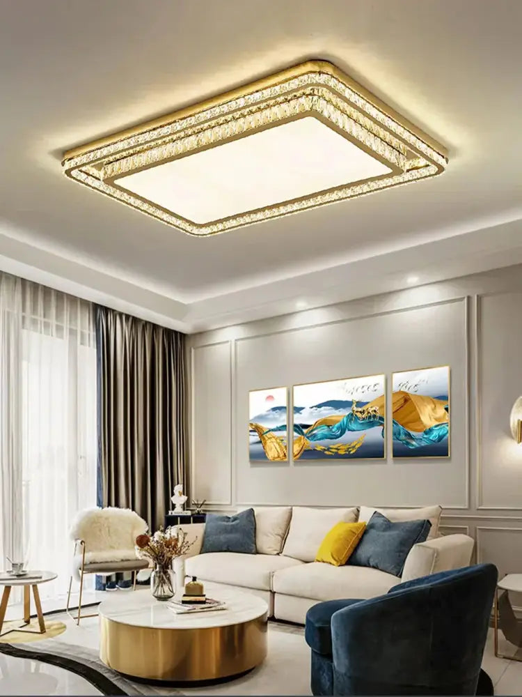 Gold-framed rectangular crystal led ceiling chandelier with crystal embellishments for dining room decorbites crystal led