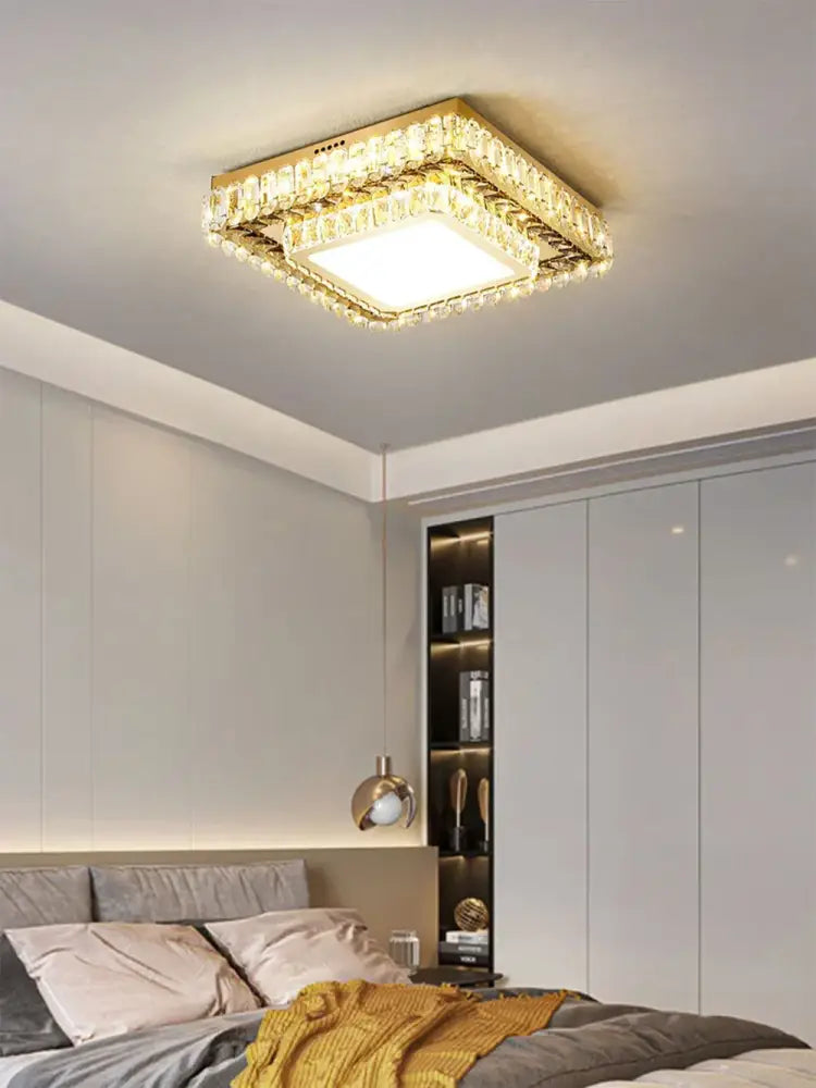 Luxe gold crystal led ceiling chandelier with square design and sparkling crystal accents for dining room decorbites crystal led