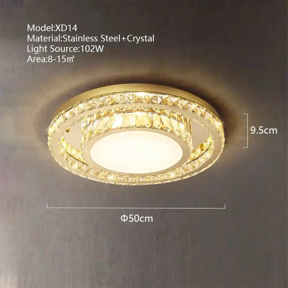 Gold-toned led ceiling chandelier with two concentric crystal rings in stainless steel for dining room decorbites crystal led