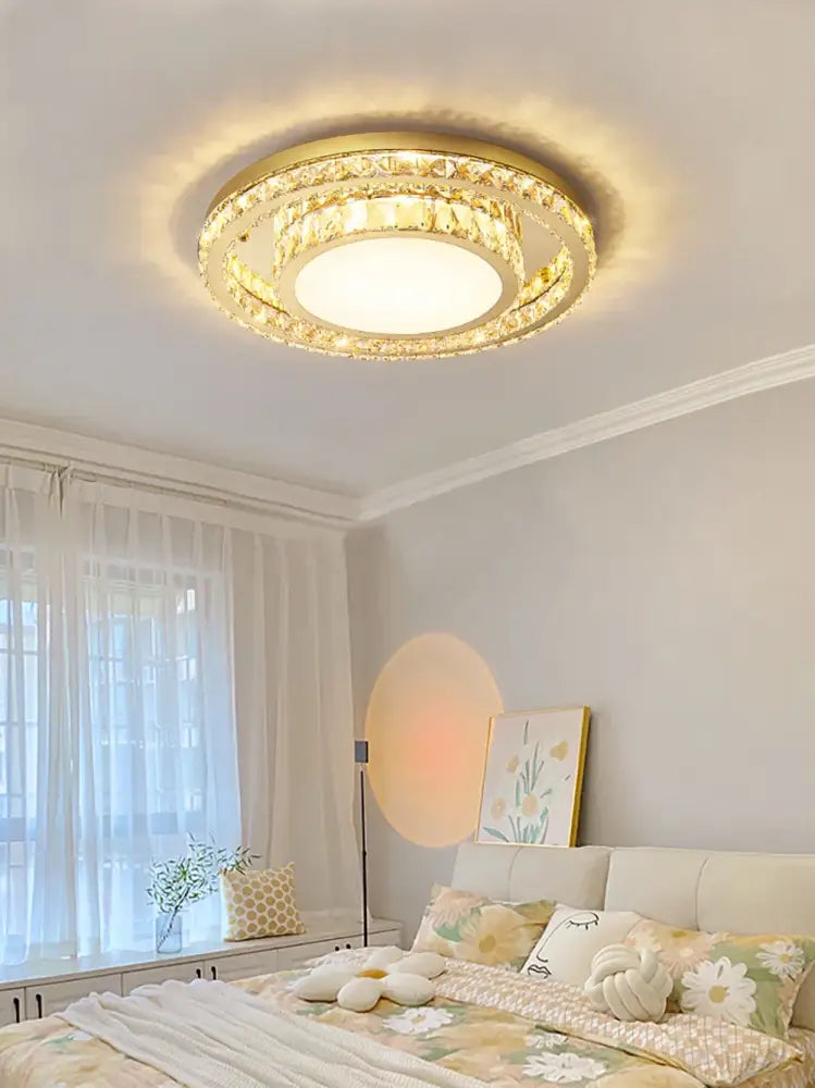 Luxe gold crystal led ceiling chandelier with crystal accents and warm illumination for dining room decorbites crystal led