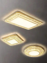 Luxe gold crystal led ceiling chandelier with rectangular and circular crystal led ceiling lights for dining room decorbites crystal led