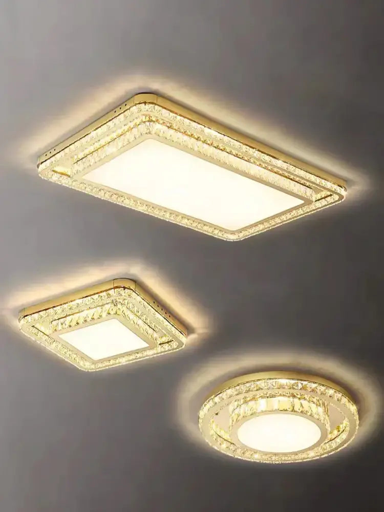 Luxe gold crystal led ceiling chandelier with rectangular and circular crystal led ceiling lights for dining room decorbites crystal led