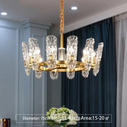 Luxe gold glass led ceiling chandelier with clear textured glass shades and braided cord suspension for living room
