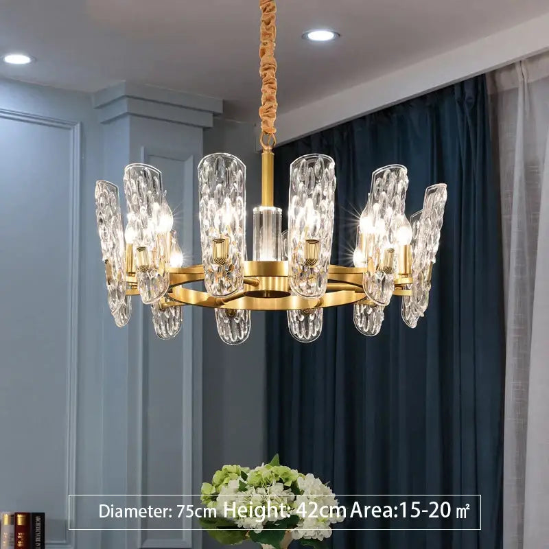Luxe gold glass led ceiling chandelier with clear textured glass shades and braided cord suspension for living room