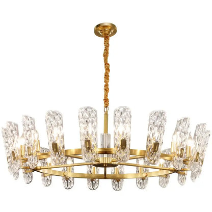 Luxe gold glass led ceiling chandelier with faceted crystal shades arranged in a circular pattern for living room