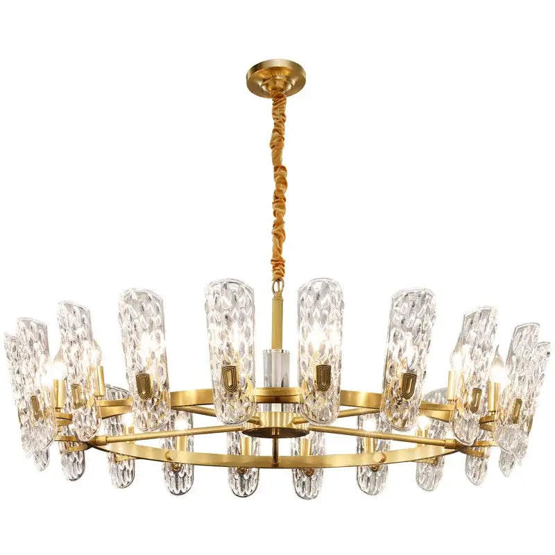 Luxe gold glass led ceiling chandelier with faceted crystal shades arranged in a circular pattern for living room