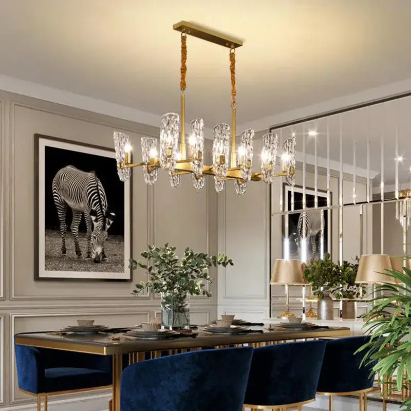 Luxe gold glass led ceiling chandelier with crystal droplets on rectangular frame for living room lighting