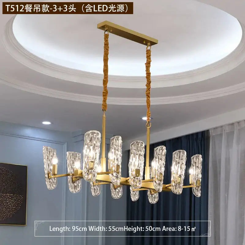 Luxe gold glass led ceiling chandelier with eight faceted crystal shades suspended by textured cords for living room
