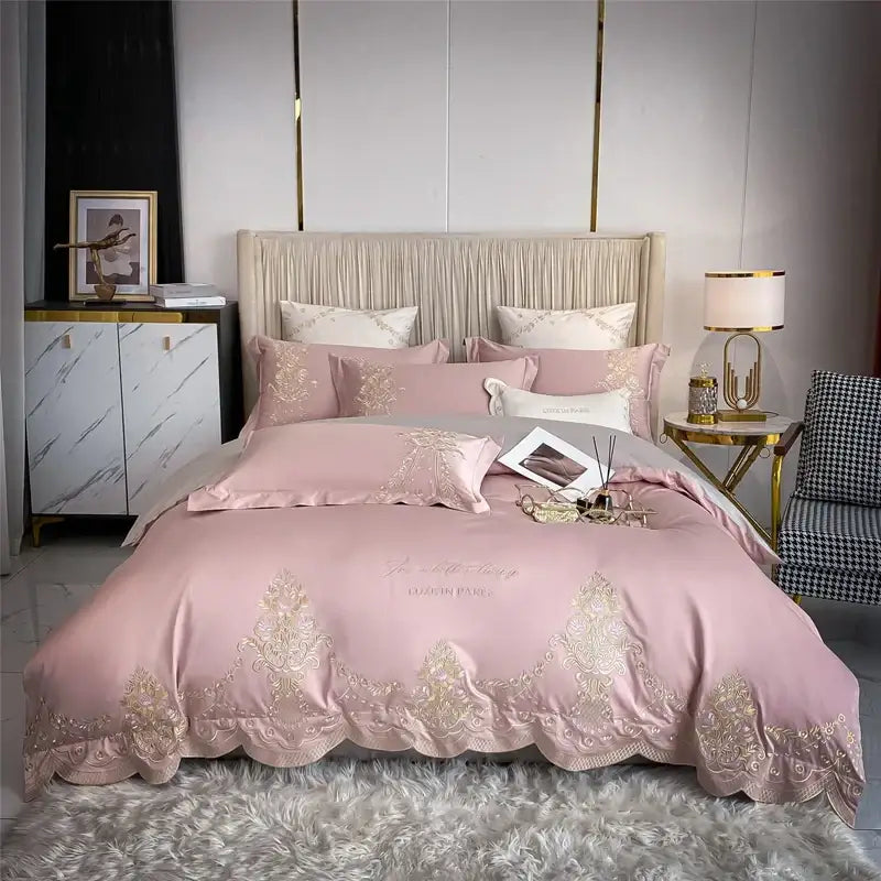 Pink satin bedding set with gold embroidery and scalloped edges from decorbites 1000tc egyptian collection