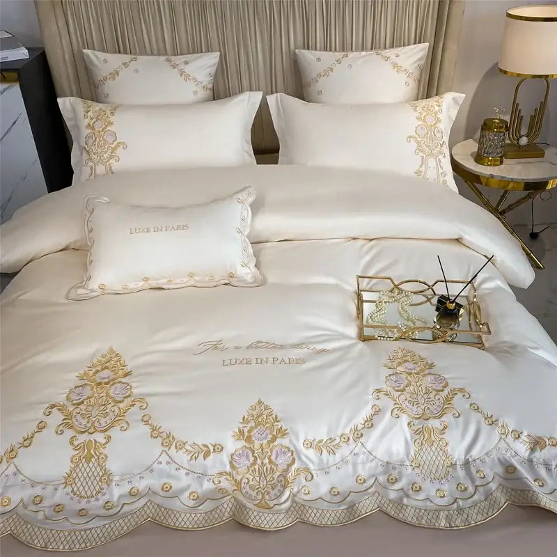 Cream satin bedding set with intricate gold and lavender floral embroidery decorbites 1000tc egyptian luxe ivory gold embroidery