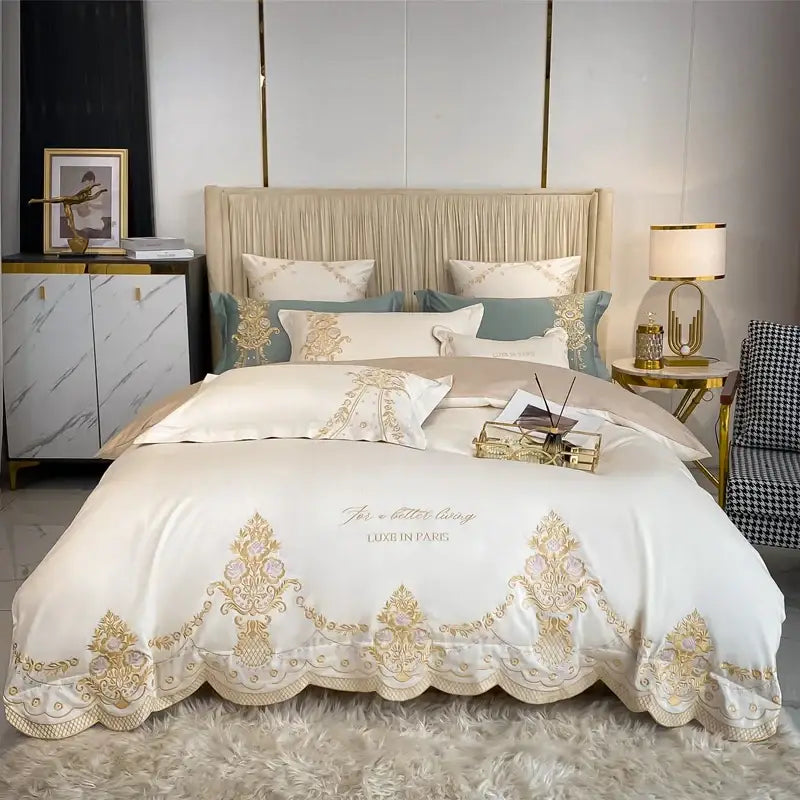 Elegant ivory satin bedding set with gold embroidery and blush pink floral scalloped hem by decorbites 1000tc egyptian