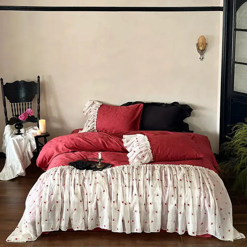 Luxe red and white egyptian cotton lace bedding set with ruffles and delicate floral embroidery for bedroom use