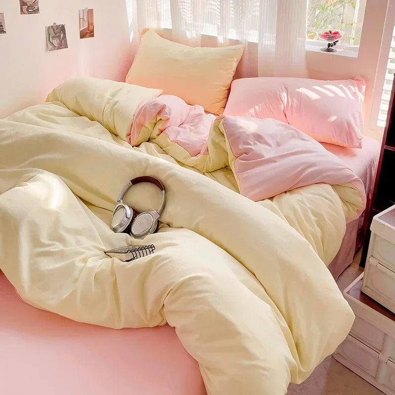 Luxurious 4-Piece Cotton Bedding Set - Yellow-Pink / Twin Size 4pcs