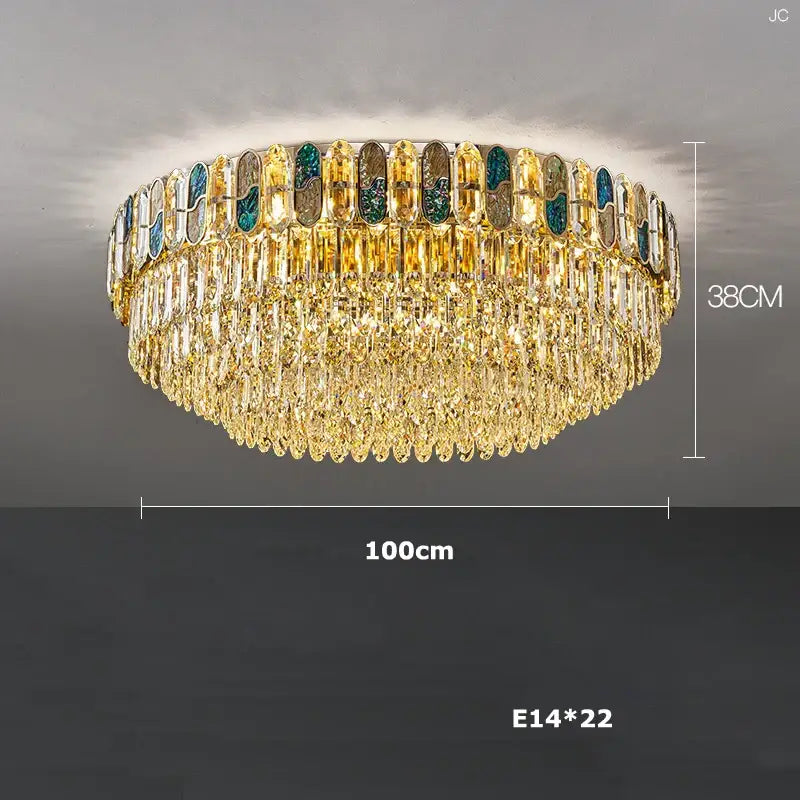 Gold-toned tiered crystal chandelier with cascading teardrops and green gold silver inlays for dimmable led sea shell decorbites
