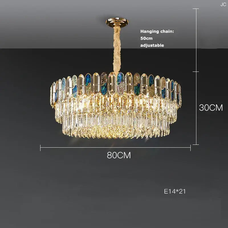 Gold-toned luxurious sea shell decorbites dimmable led chandelier with cascading crystals and blue-tinted panels for living room