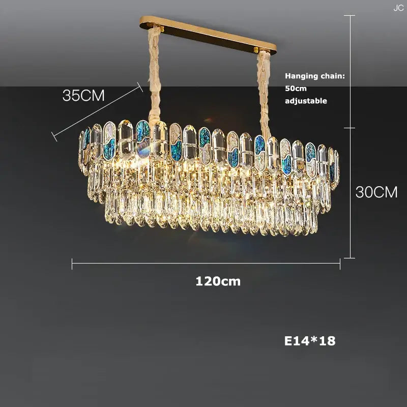 Luxurious gold-toned chandelier with cascading crystal droplets and blue-tinged sea shell decorbites dimmable led accents