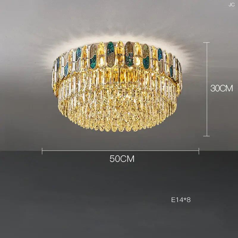 Luxurious blue and gold sea shell dimmable led chandelier with gold-toned crystal and glass panels for living room decorbites dimmable led sea