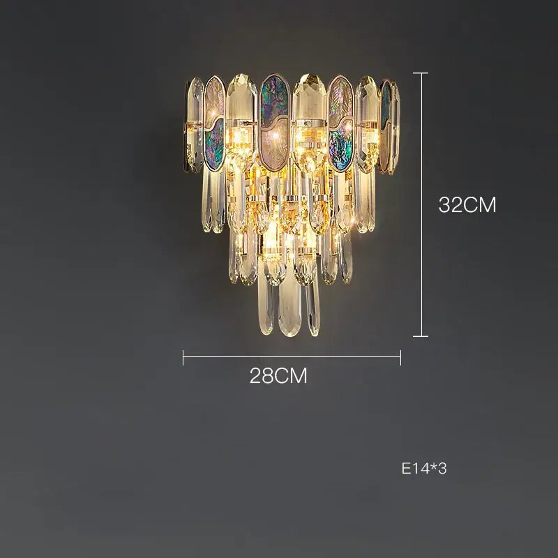 A luxurious gold-toned wall sconce with cascading crystal droplets and iridescent glass panels for dimmable led sea shell decorbites lighting