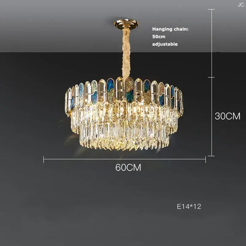 Luxurious blue and gold sea shell dimmable led chandelier with cascading crystal droplets and adjustable chain for living room decorbites dimmable led sea