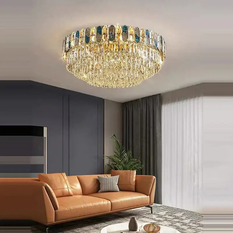A luxurious circular crystal sea shell dimmable led chandelier with golden and teal accents for living room decorbites dimmable led sea