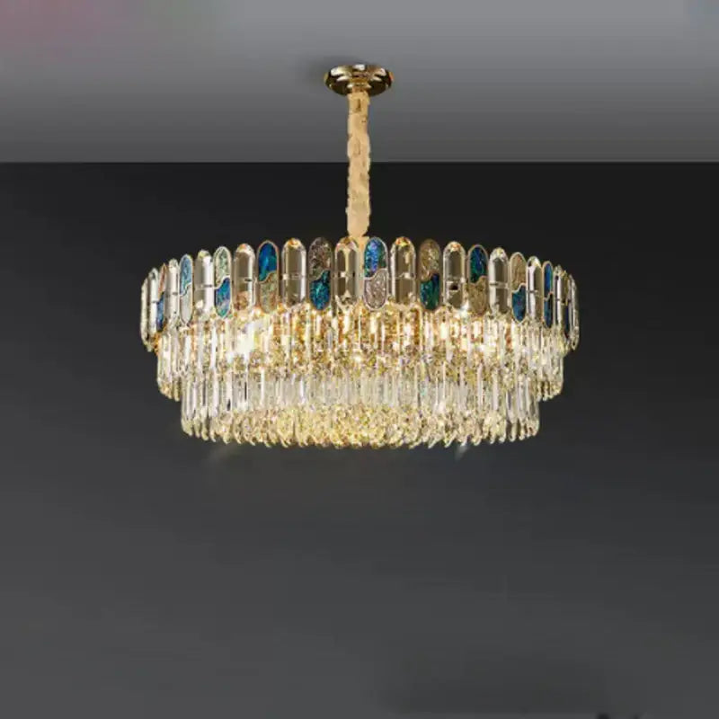 Gold-toned decorbites dimmable led sea shell chandelier with cascading crystal droplets and blue glass panels for living room decor