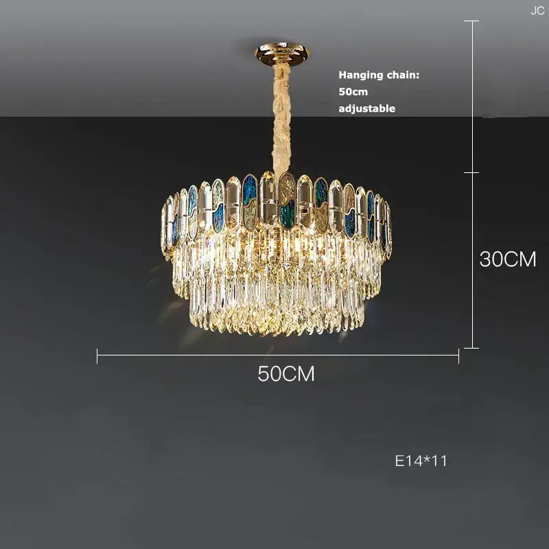Gold-toned sea shell decorbites dimmable led chandelier with cascading clear crystal droplets and blue-tinted accents for living room