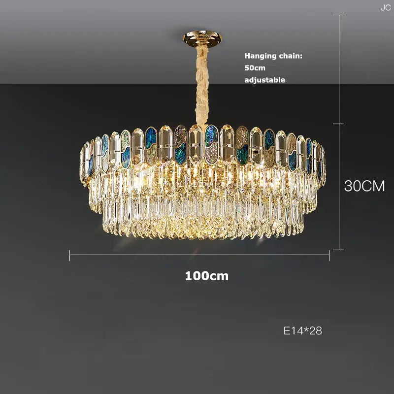 Gold-toned sea shell dimmable led chandelier with cascading crystal droplets and blue-tinted glass panels for living room decorbites dimmable led sea