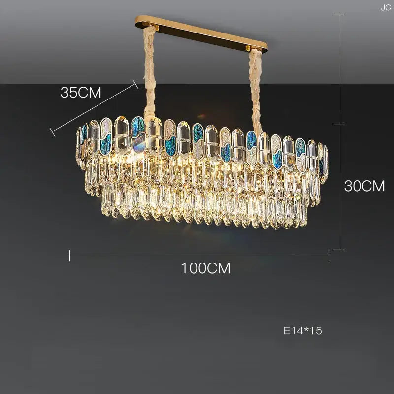 Elegant gold-toned dimmable led sea shell chandelier with cascading crystal droplets and blue-accented oval panels for living room decorbites dimmable led