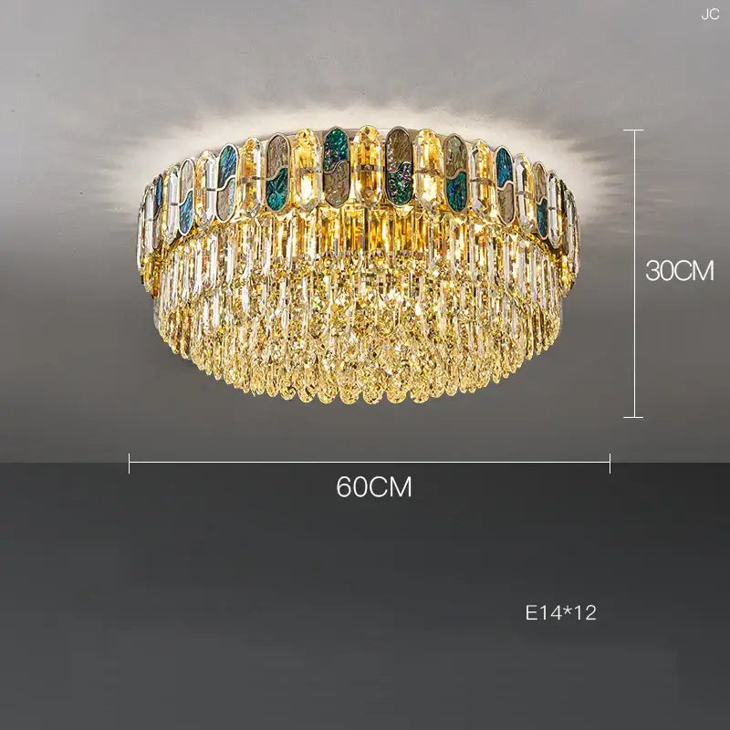 Gold-toned tiered sea shell dimmable led chandelier with clear and teal glass panels for luxurious living room decorbites dimmable led sea