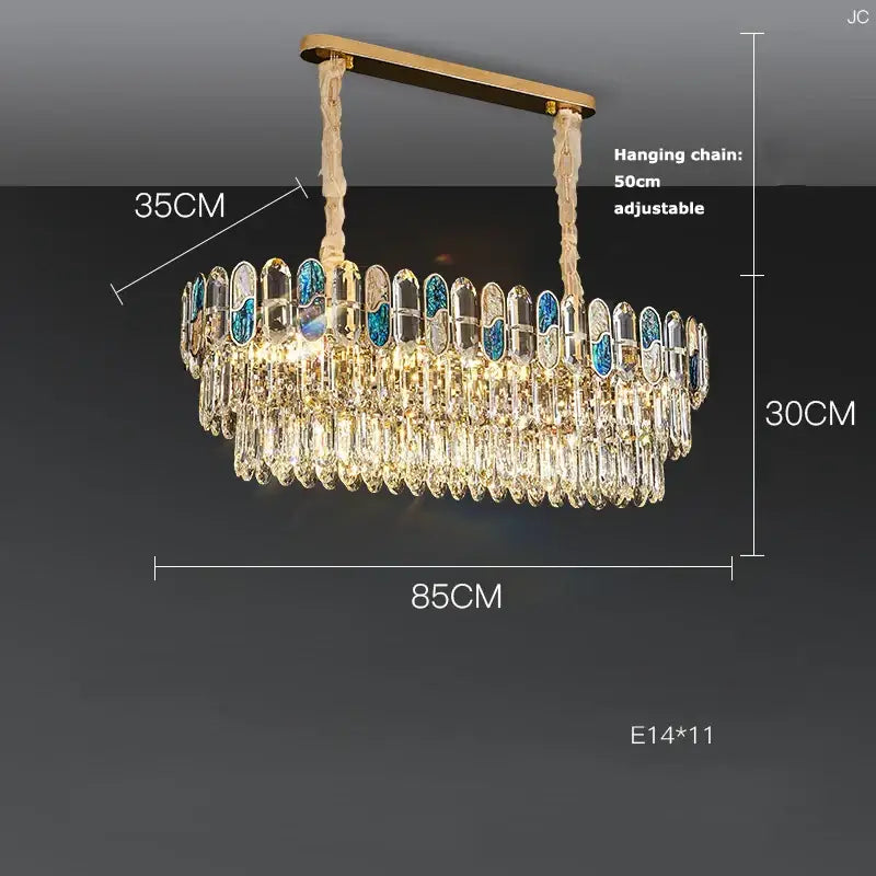 Gold-toned dimmable led sea shell chandelier with cascading clear crystals and blue accents for living room decorbites dimmable led