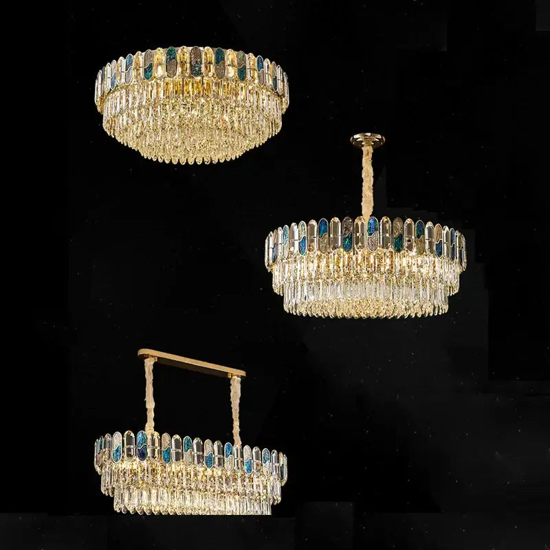 Three elegant crystal sea shell decorbites dimmable led chandeliers with gold frames and blue-tinted glass panels