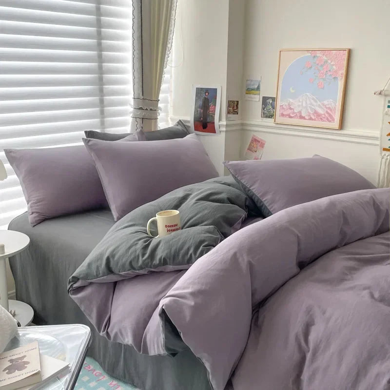 Luxurious Cotton Bedding Set for Single & Couple Beds - Purple with Gray / Twin size 4pcs