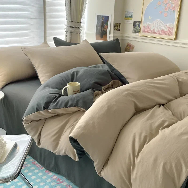 Luxurious Cotton Bedding Set - Various Sizes - Camel with Gray / Twin size 4pcs