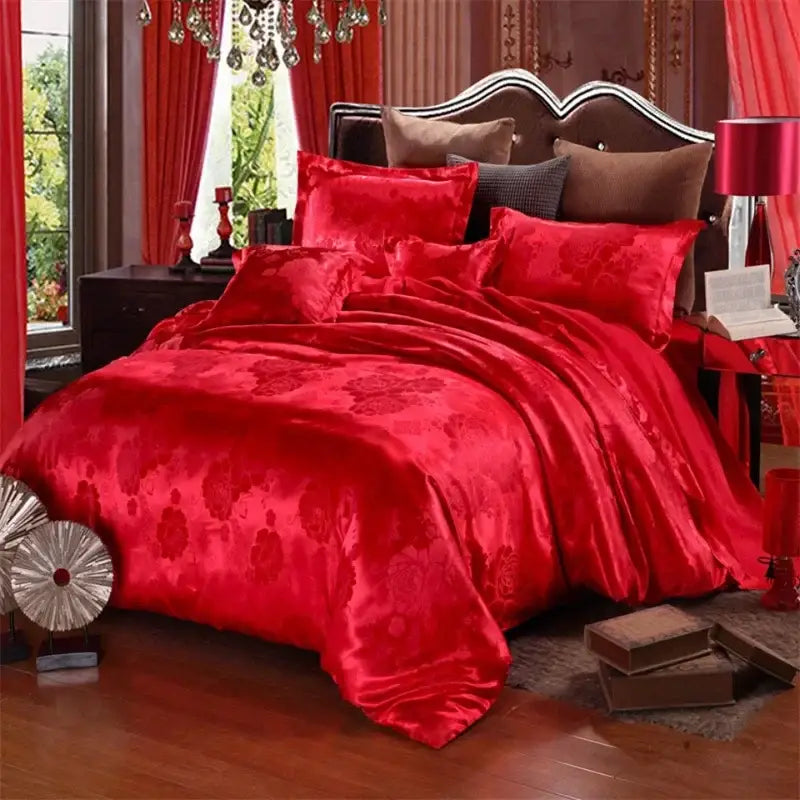 Lustrous red satin bedding set with intricate floral embroidery showcasing decorbites jacquard satin luxury design